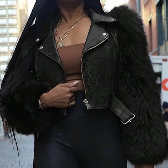 MODA ME COUTURE Jackets & Blazers - Black Casual Women's Fuzzy Zipper Contrast Faux Fur Coat And